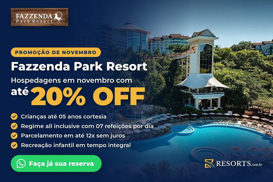 Novembro no Fazzenda Park Resort, com até 20% de desconto em hospedagens de novembro